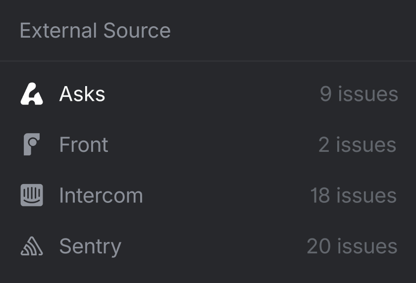 Linear's insight panel for selecting an external source, showing 'Asks', 'Front', 'Intercom', and 'Sentry'.