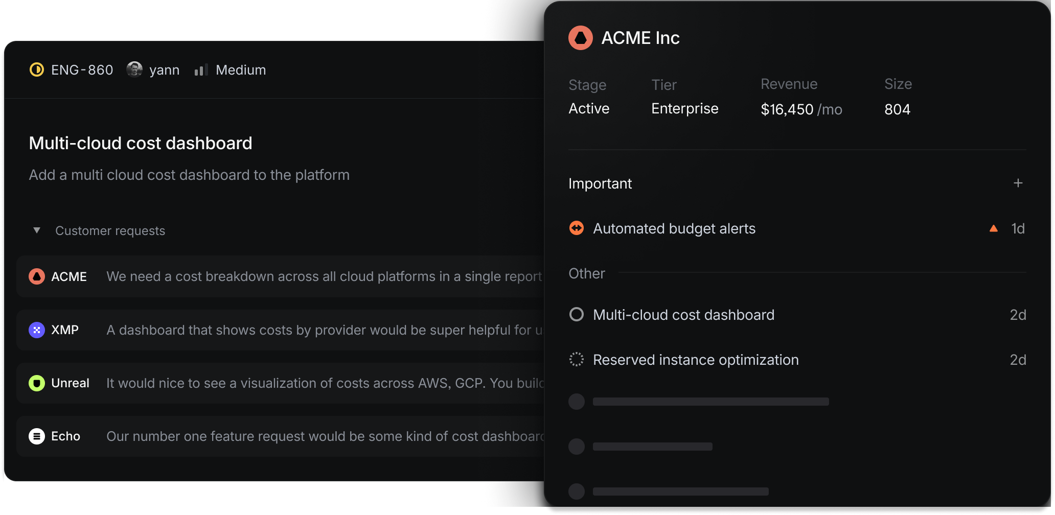 Customer request view on the left featuring title, description and list of companies that requested it. On the right, a customer view which shows all requests made by the customer, their revenue, size, etc.