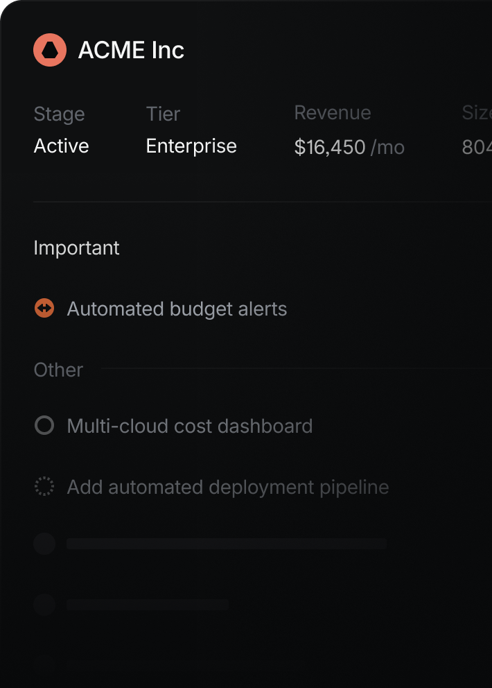 Customer detail view. Showing the customer and their details like revenue, size, etc. Below, a list of requests made by the customer.