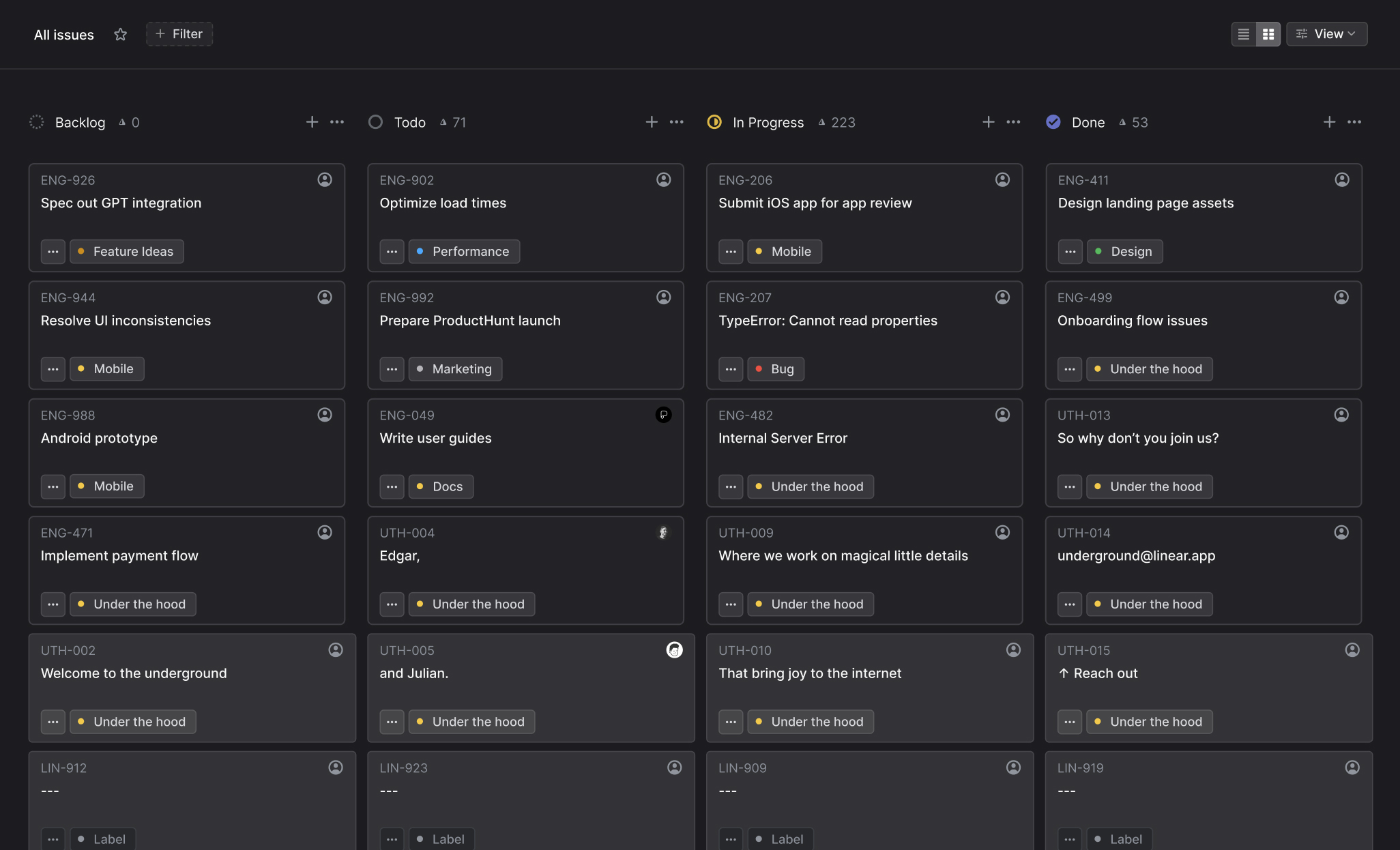 A board view showing all team issues in Linear. The issues include "Optimize load times", "Prepare ProductHunt launch", "Design landing page assets", and "Spec out GPT integration".