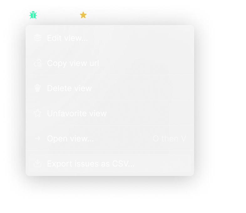 An open dropdown menu on a 'Bugs' view. The 'Export issues as CSV…' menu option is hovered.