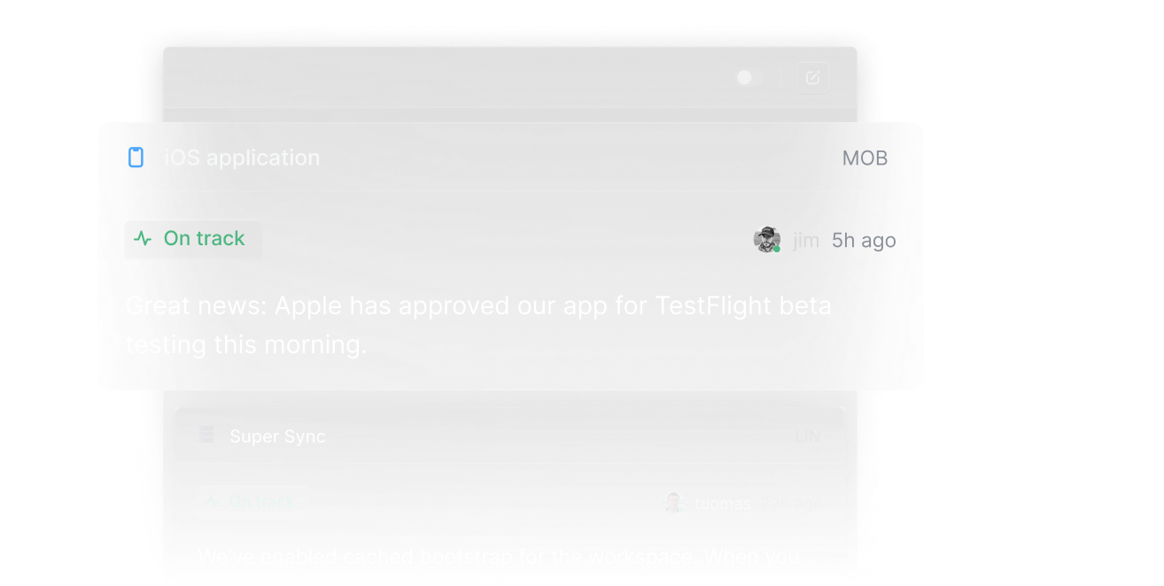The project update panel in Linear, featuring an update for the 'iOS application' project by Jim with the following content: 'Great news: Apple has approved our app for TestFlight beta testing this morning.'