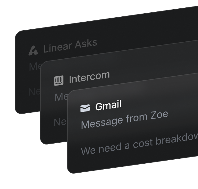 3 request notifications from Linear Asks, Intercom, and Email integrations.