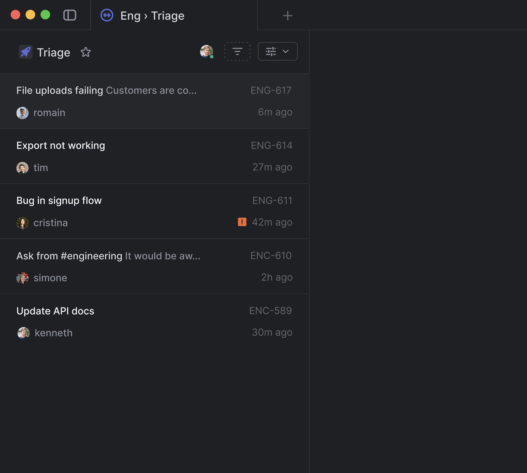 The Triage view in Linear, showing a list of issues created by Asks.