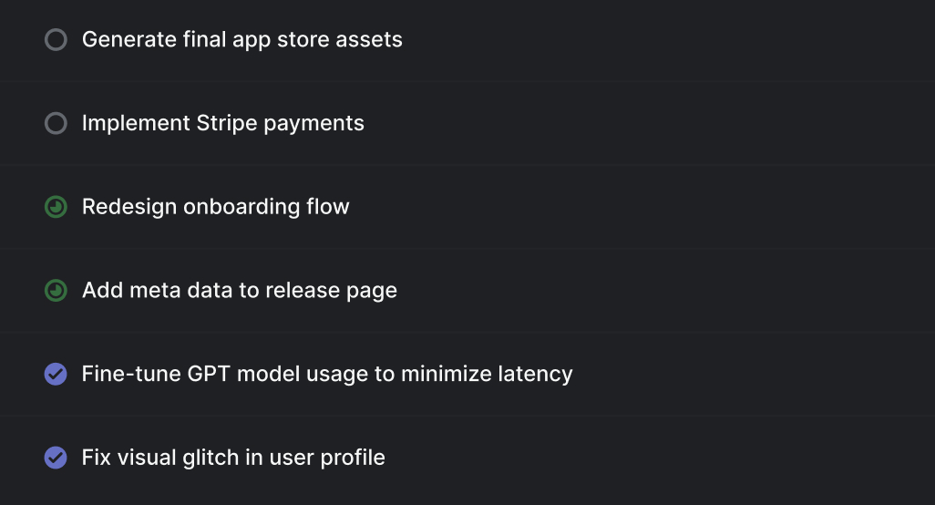 A list of issues within Linear. Issue titles include "Redesign onboarding flow", "Fine-tune GPT model usage", and "Fix visual glitch in user profile".