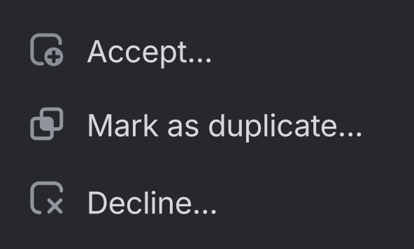 The Triage menu in Linear, with options for 'Accept', 'Mark as duplicate' and 'Decline'.