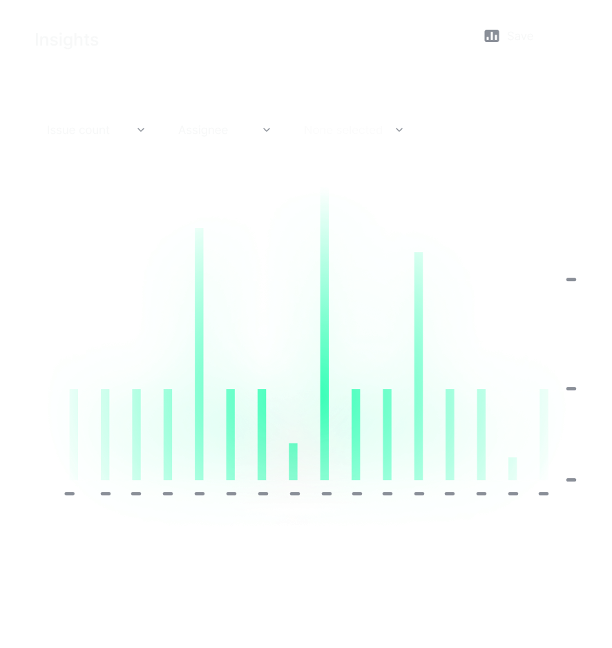 An abstracted version of the data insights panel, plotting issue counts across asignees with a bar chart. The measurement, dimension, and segmentation can be changed with a dropdown menu.