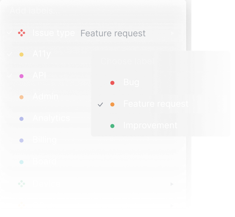 An open context menu with the 'issue type' option opened to a sub-menu that includes options 'bug', 'feature request', 'and 'improvement'. 'Feature request' is hovered and selected in the sub-menu.
