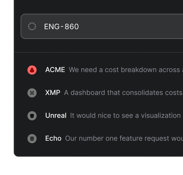 Customer request UI that shows the issue number on top and a list of companies that requested it, including their feedback.