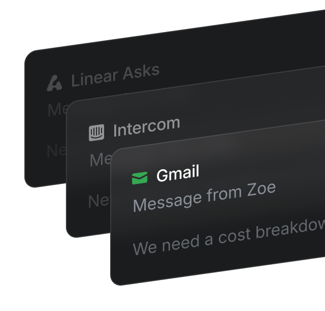 3 request notifications from Linear Asks, Intercom, and Email integrations.