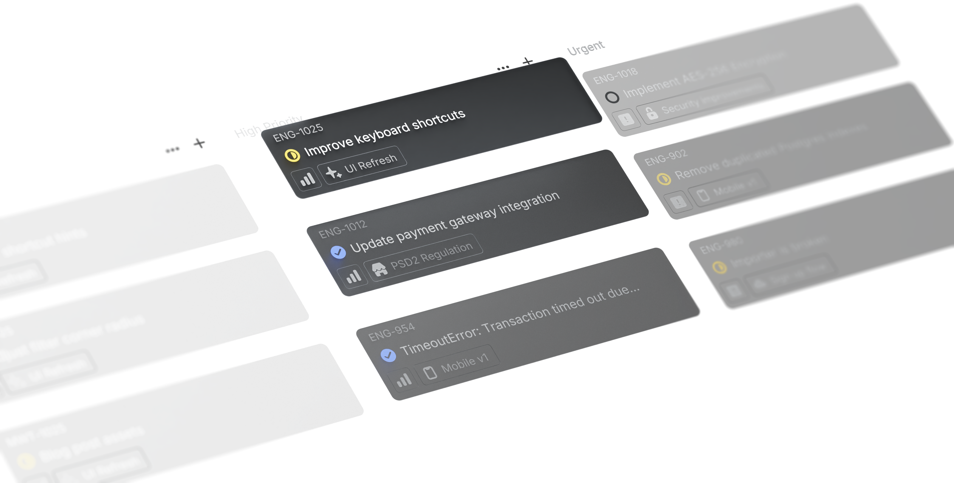 A screenshot of an issue board view in Linear showing three high-priority tasks