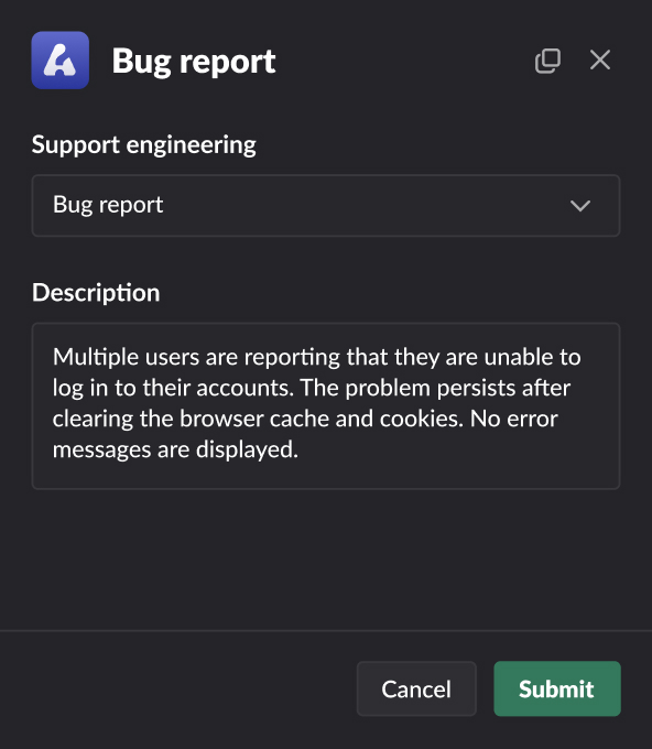 A Slack template for a bug report, filled with information about a login issue.
