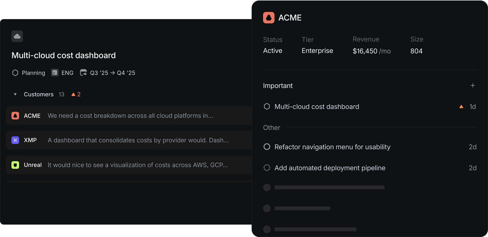 Customer request view on the left featuring title, description and list of companies that requested it. On the right, a customer view which shows all requests made by the customer, their revenue, size, etc.